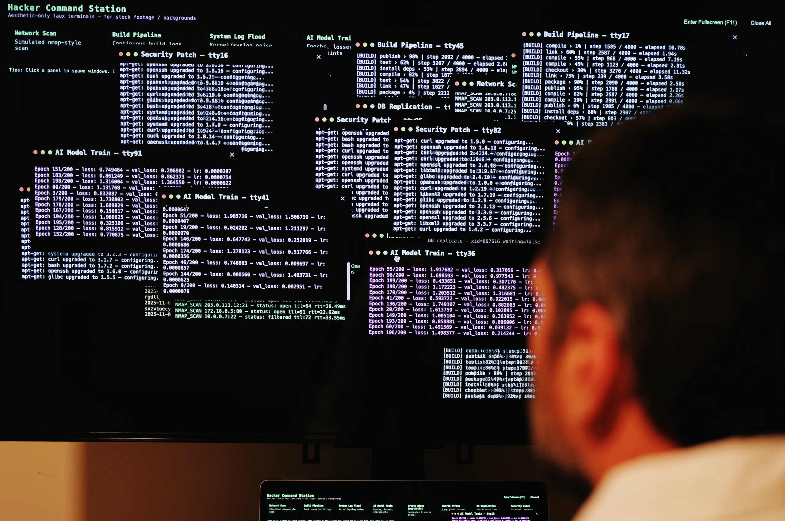 Symbolbild für Penetrationstests bei Ausecus mit zahlreichen Terminalfenstern auf einem Monitor.